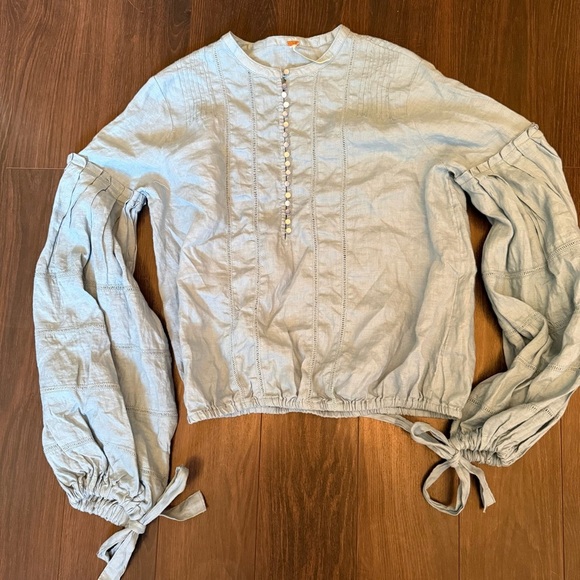 Free People High Swells Peasant Balloon Sleeve 100% Linen Top - Picture 2 of 6